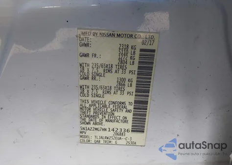 2017 Nissan Murano Sl from USA, damaged, VIN 5N1AZ2MG7HN142336
